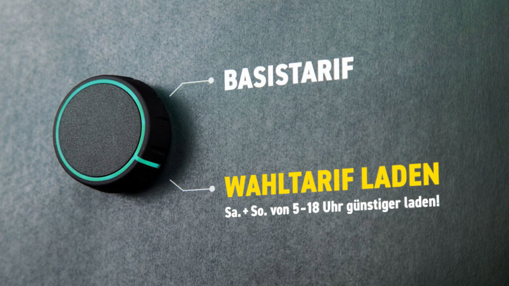 Der Schalter zeigt statt auf den Basistarif auf den Wahltarif Laden. So profitiert die Kundin oder der Kunde von einem günstigeren Stromtarif, wenn sie oder er das Auto am Wochenende lädt.