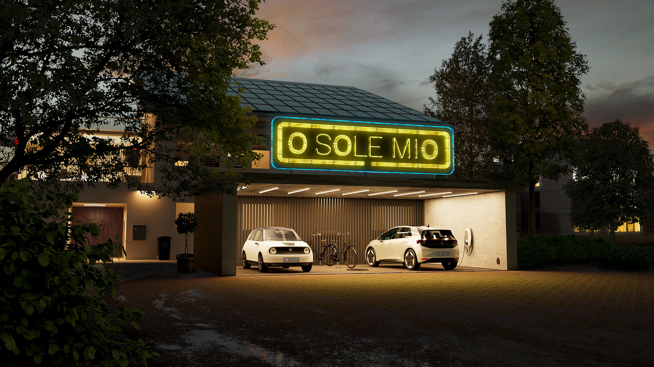 In der Dämmerung erstrahlt ein Haus in hellem Licht. Hier fliesst Solarenergie vom Dach und versorgt das ganze Gebäude mit Energie. Im Garage stehen zwei Elektroautos, die perfekte Ergänzung zur Solaranlage, um den Eigenverbrauch zu optimieren.