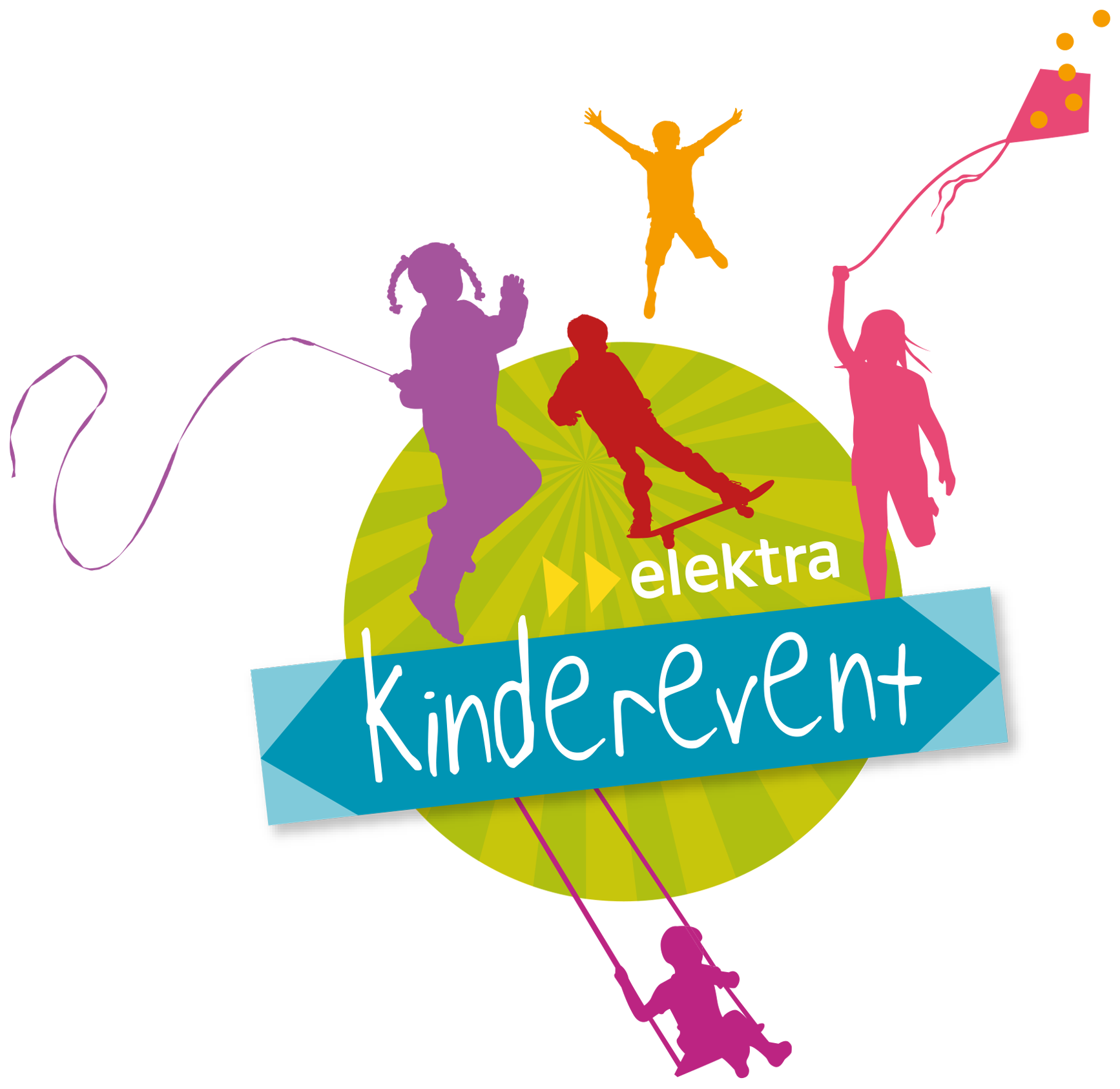Elektra Kinderevent Logo mit bunten Silhouetten von spielenden und fröhlichen Kindern