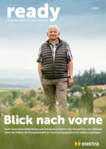 Aufnahme von Samuel Buri, Genossenschafter der Genossenschaft Elektra, Jegenstorf, mit Hettiswil im Hintergrund
